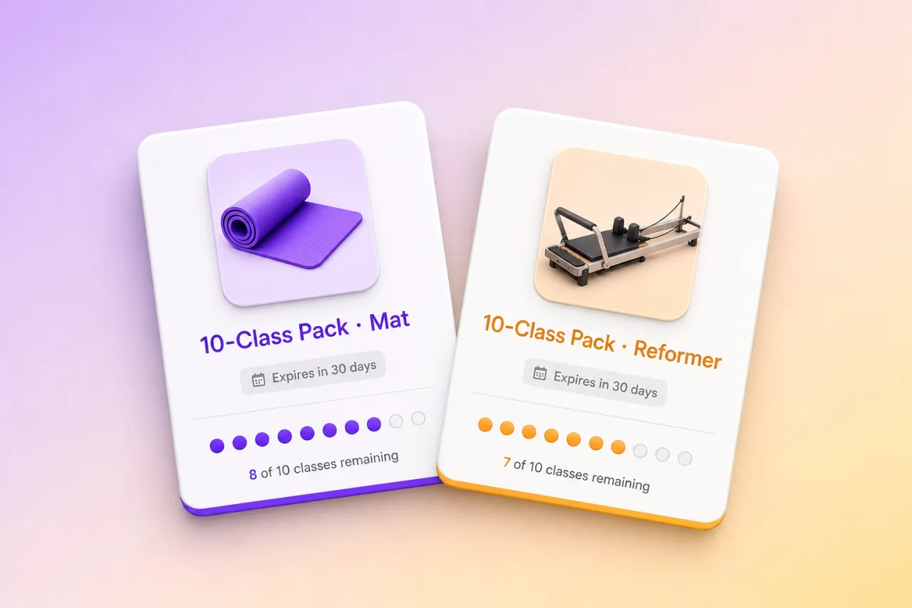 Mat and reformer class packs with expiry rules
