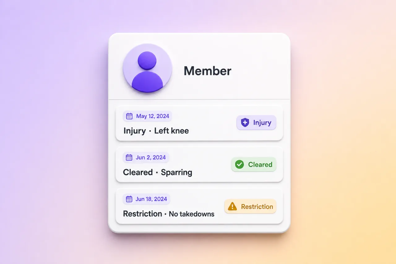 Member profile with dated injury and training notes