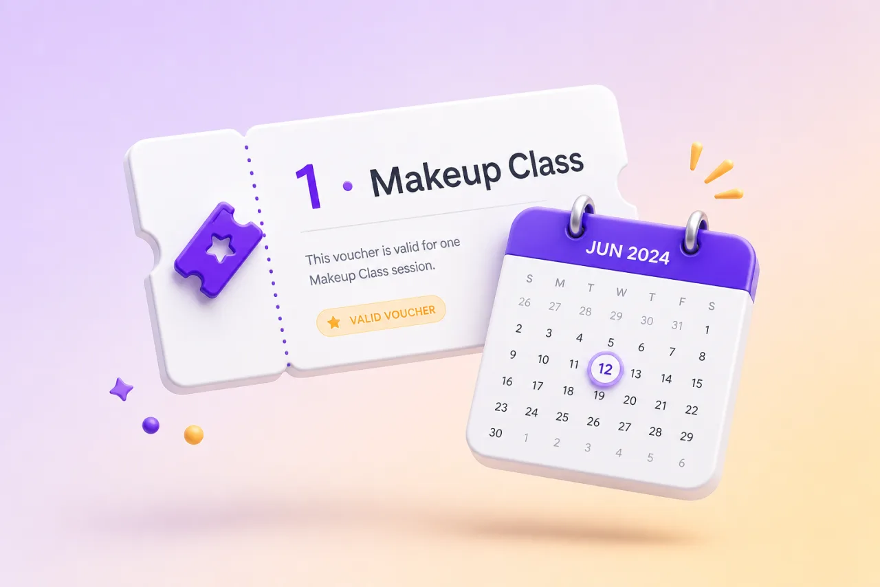 Makeup class credit voucher with a calendar date highlighted