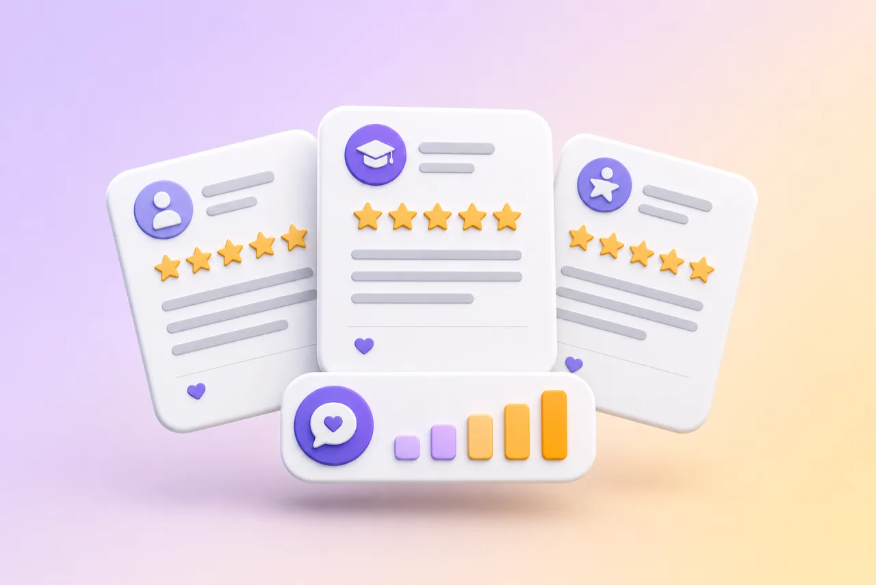 Three five-star member review cards