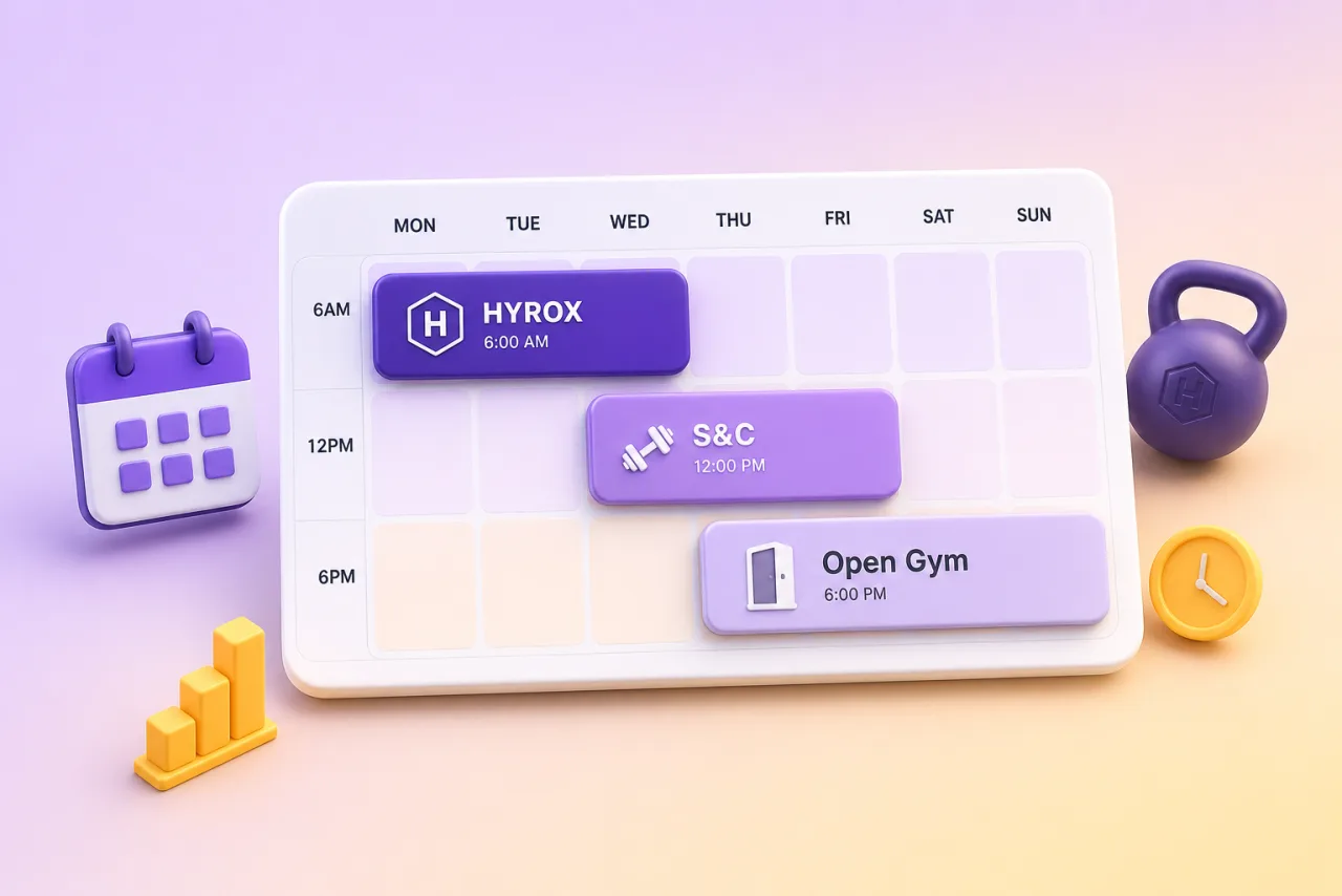 HYROX, S&C, and open gym tiles on a weekly schedule grid