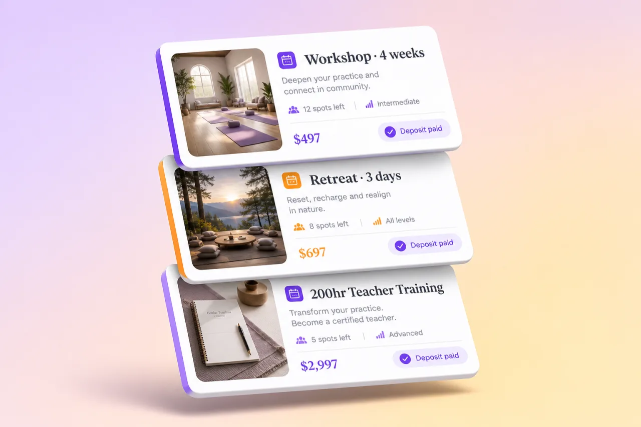 Workshop, retreat, and teacher training cards stacked